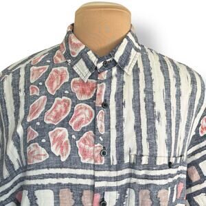 Vintage 90s Top Abstract Print Red Shell Vertical Striped Short Sleeve Button XL